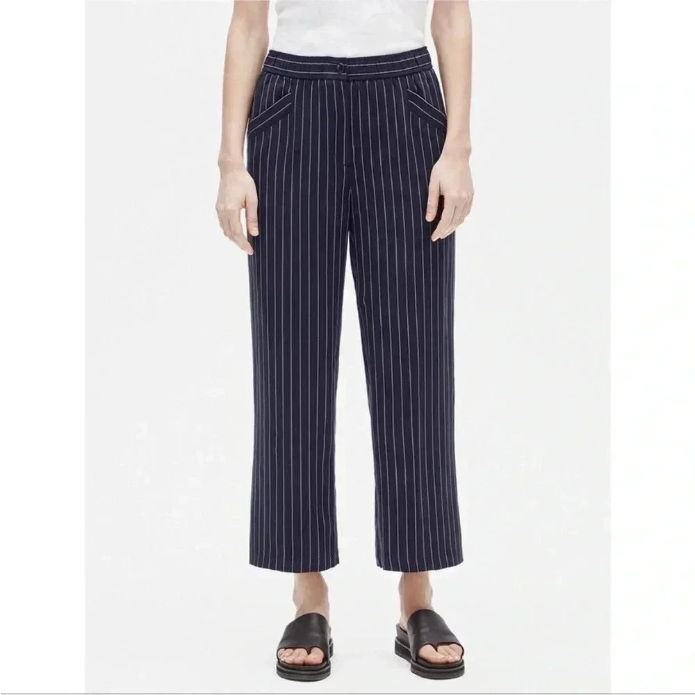 Eileen Fisher Woven Tencel Stripe Wide Leg Pant Indigo Xs